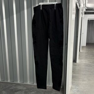 Feathers Black Leggings Pants Embossed Velour Velvet Roses Flowers S/M Fleece